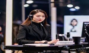 国产专区美妆品类主编陈晓雯，在专业美妆测评台前工作，展现专业评测场景